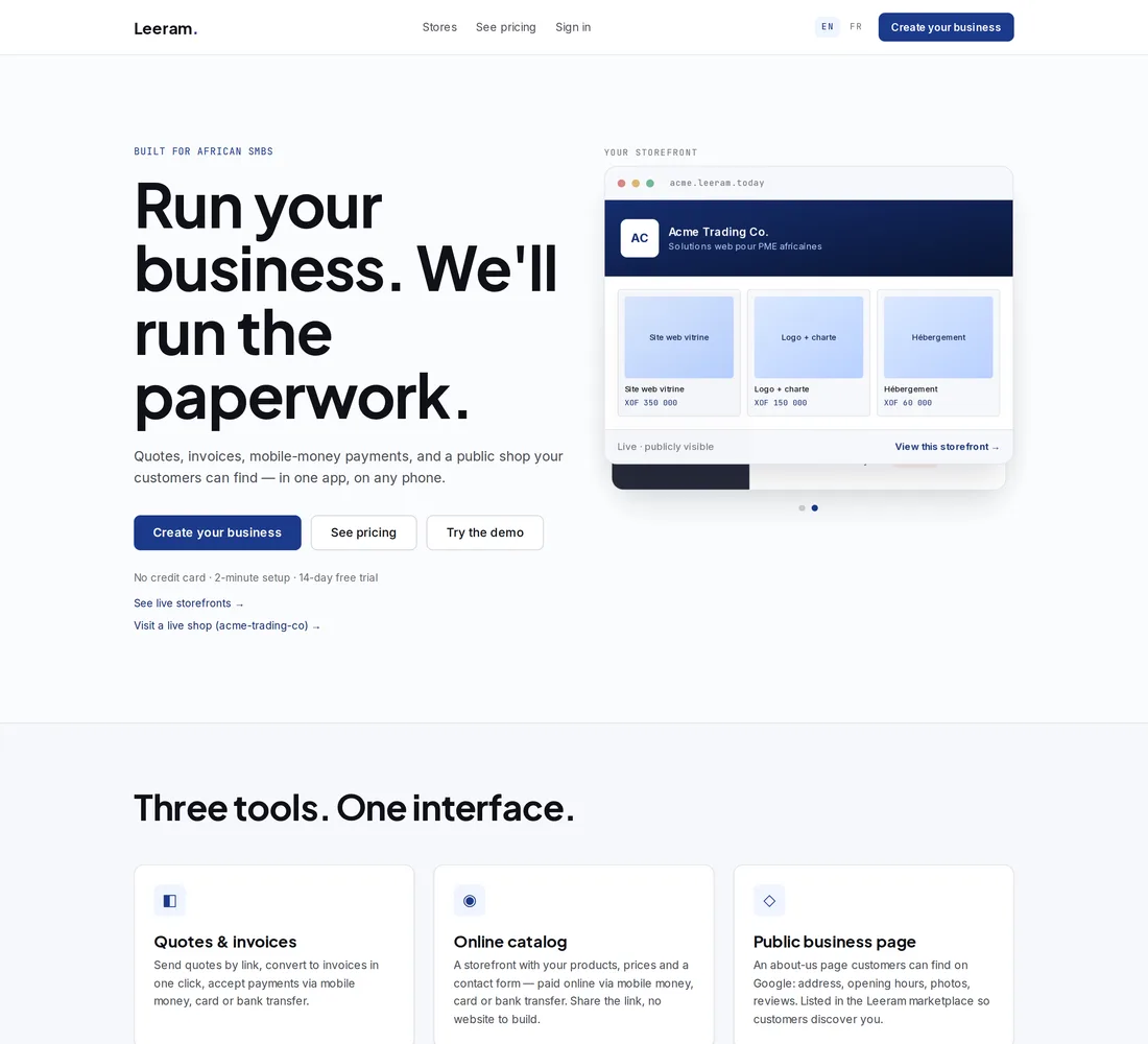 Leeram Business, bookkeeping and storefronts at business.leeram.today